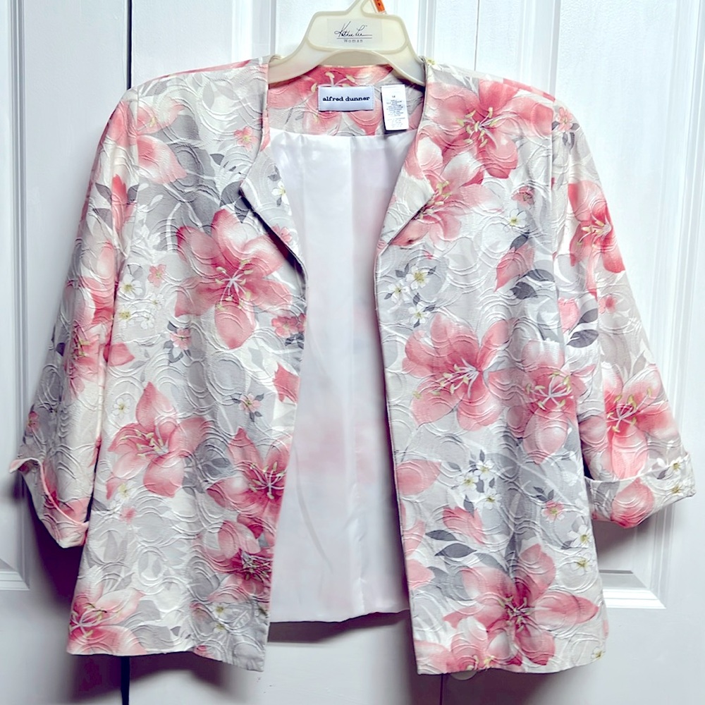 Alfred Dunner Pink Pastel Floral Print Mid Sleeve Open Jacket Size 14